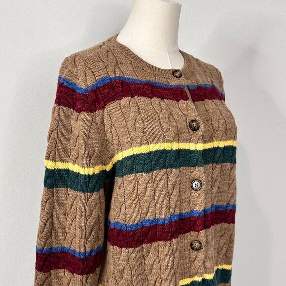 Polo Ralph Lauren Striped Cable Knit Cardigan Camel Wool Cotton XL Preppy $499 - Picture 7 of 13
